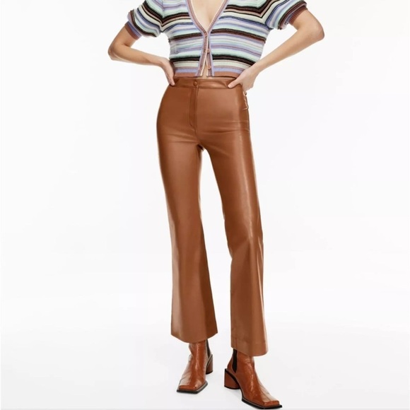 Aritzia Wilfred Adele Cognac Brown Vegan Leather Flare Pants - Picture 2 of 9